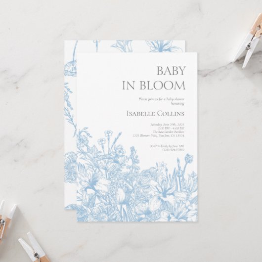 Blue Toile de Jouy Baby in Bloom Baby shower 2 Kaart (Voorkant / Achterkant in situ)