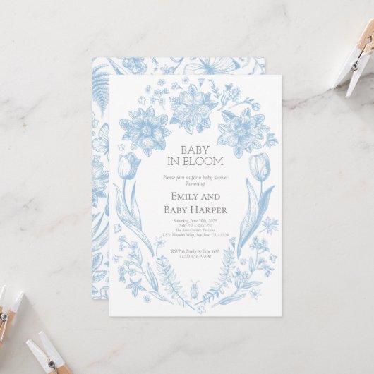 Blue Toile de Jouy Baby in Bloom Baby shower 3 Kaart (Voorkant / Achterkant in situ)