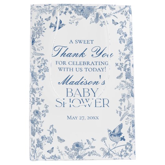 Blue Toile De Jouy Baby shower Favors Medium Cadeauzakje (Voorkant)