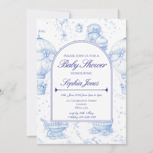 Blue Toile de Jouy Baby Shower Invitation Kaart (Voorkant)