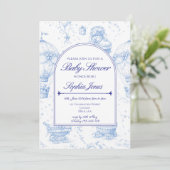 Blue Toile de Jouy Baby Shower Invitation Kaart (Staand voorkant)