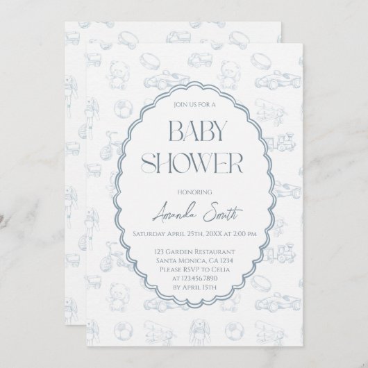 Blue Toile de Jouy baby shower Kaart (Voorkant / Achterkant)