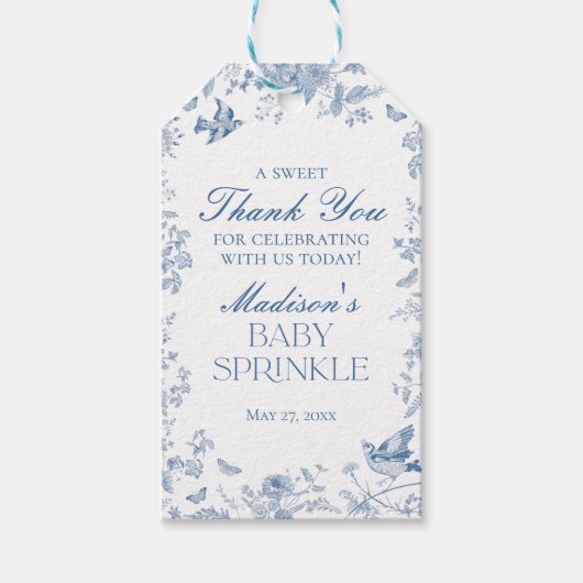 Blue Toile De Jouy Baby Sprinkle Favors Cadeaulabel (Voorkant)