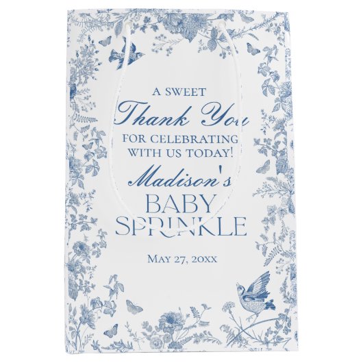 Blue Toile De Jouy Baby Sprinkle Favors Medium Cadeauzakje (Voorkant)