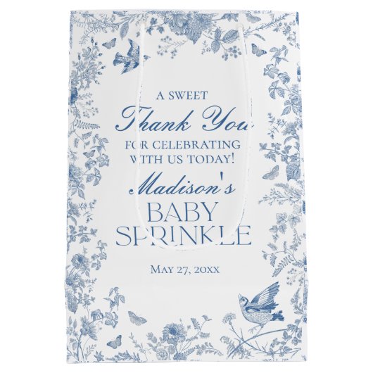 Blue Toile De Jouy Baby Sprinkle Favors Medium Cadeauzakje (Achterkant)