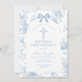Blue Toile de Jouy Baptism & First Birthday Bow Kaart (Voorkant)