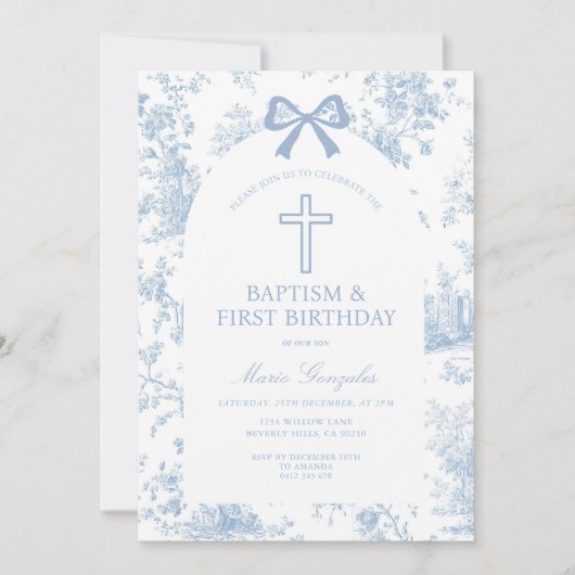 Blue Toile de Jouy Baptism & First Birthday Bow  Kaart (Voorkant)