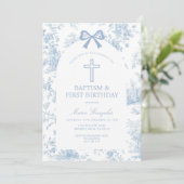 Blue Toile de Jouy Baptism & First Birthday Bow  Kaart (Staand voorkant)