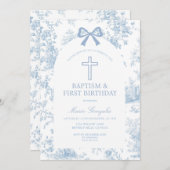 Blue Toile de Jouy Baptism & First Birthday Bow  Kaart (Voorkant / Achterkant)