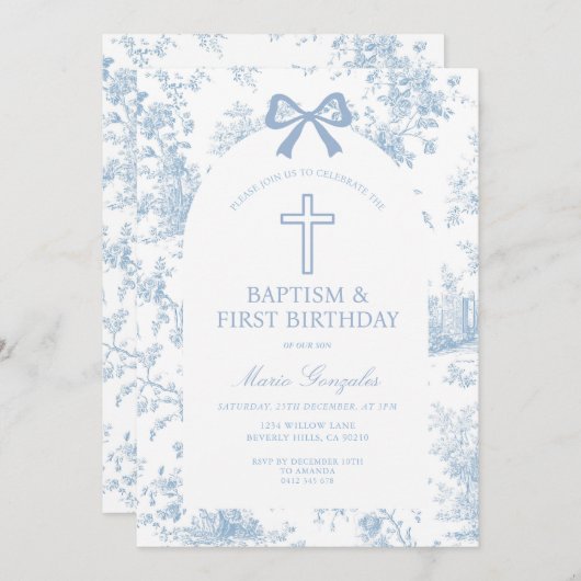 Blue Toile de Jouy Baptism & First Birthday Bow  Kaart (Voorkant / Achterkant)