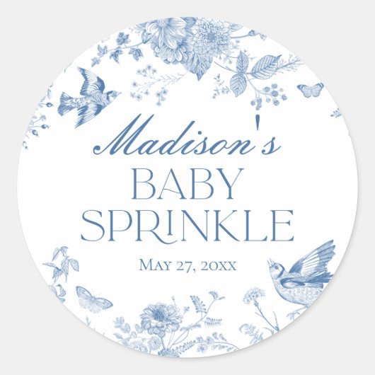 Blue Toile De Jouy  Bloemen Baby Sprinkle Ronde Sticker (Voorkant)