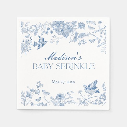 Blue Toile De Jouy Bloemen Baby Sprinkle Servet (Voorkant)
