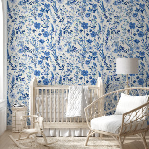 Blue Toile De Jouy Bloemen Behang