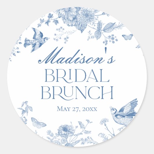 Blue Toile De Jouy  Bloemen Bruids Brunch Ronde Sticker (Voorkant)