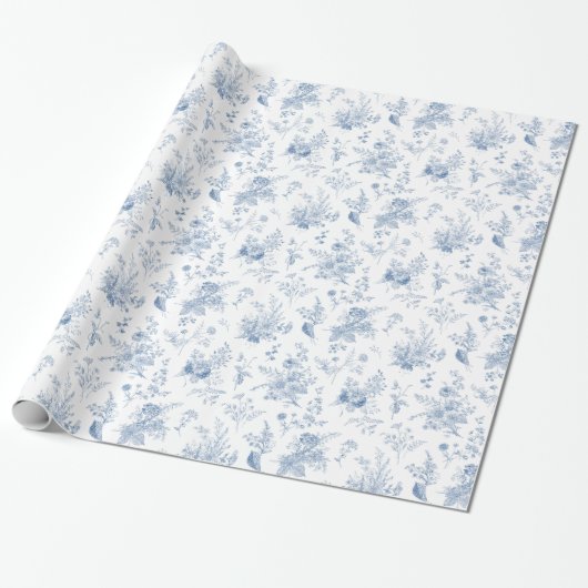 Blue Toile De Jouy Bloemen Chinoiserie Cadeaupapier (Uitgerold)