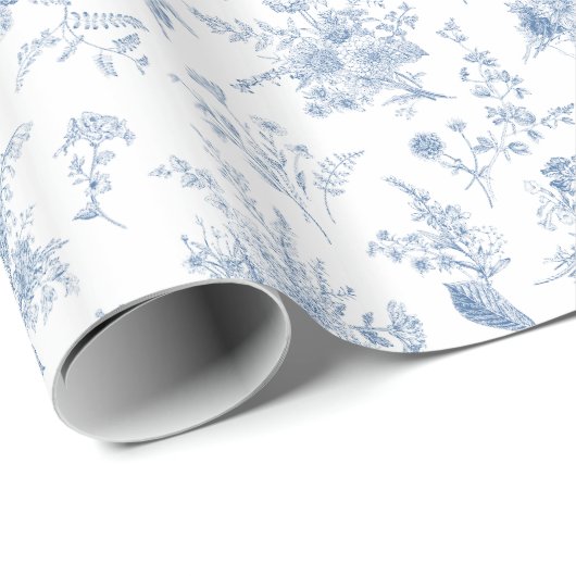 Blue Toile De Jouy  Bloemen Chinoiserie Cadeaupapier (Rol Hoek)