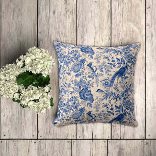 Blue Toile de Jouy Bloemen en fazanten Kussen