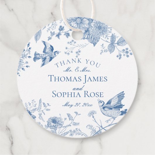 Blue Toile De Jouy  Bloemen Huwelijk Bedankjes Labels (Achterkant)
