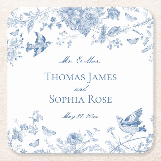 Blue Toile De Jouy  Bloemen Huwelijk Kartonnen Onderzetters (Voorkant)