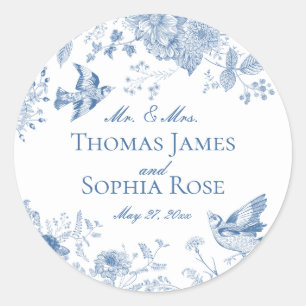 Blue Toile De Jouy  Bloemen Huwelijk Ronde Sticker
