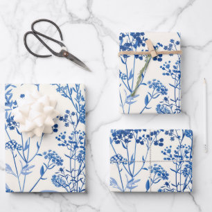 Blue Toile De Jouy  Bloemen Inpakpapier Vel