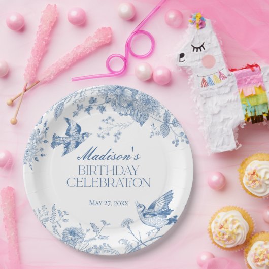 Blue Toile De Jouy  Bloemen Verjaardagsfeest Papieren Bordje (Feest)