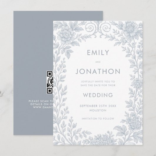 Blue Toile De Jouy Border Wedding Sla de datum op Kaart (Voorkant / Achterkant)