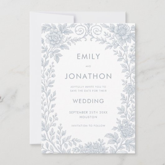 Blue Toile De Jouy Border Wedding Sla de datum op Kaart (Voorkant)