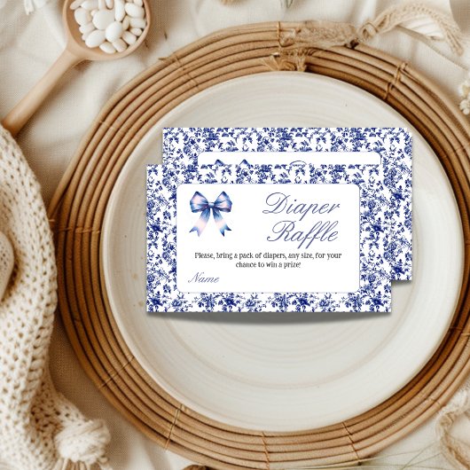Blue Toile de Jouy Bow Baby shower Luier Raffle Informatiekaartje