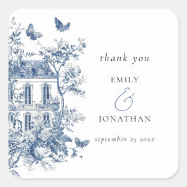 Blue Toile De Jouy bruiloft dank u Vierkante Sticker