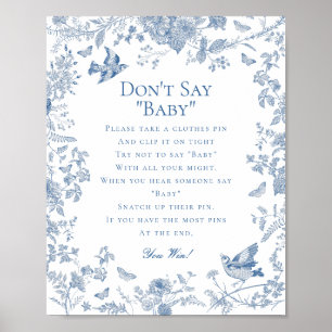 Blue Toile de Jouy Dont Say Baby shower Game Poster