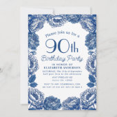 Blue Toile De Jouy Floral 90ste Verjaardagsfeest Kaart (Voorkant)