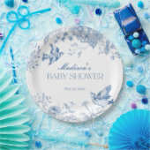 Blue Toile De Jouy  Floral Baby shower Papieren Bordje (Feest)