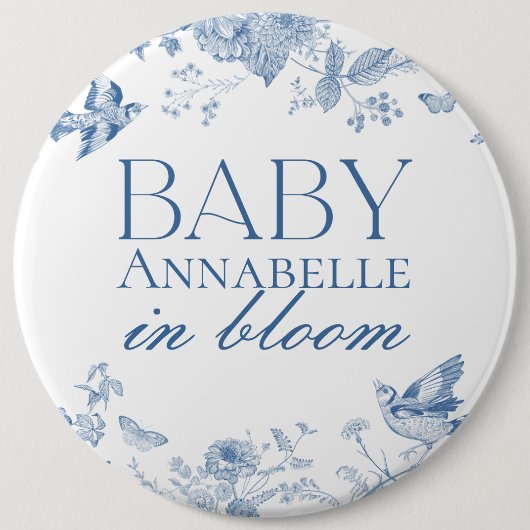 Blue Toile De Jouy  Floral Baby shower Ronde Button 6,0 Cm (Voorkant)
