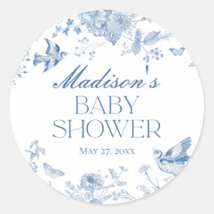 Blue Toile De Jouy  Floral Baby shower Ronde Sticker