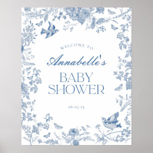 Blue Toile de Jouy Floral Baby shower Welkomstbord Poster