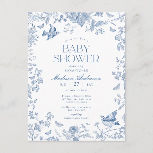Blue Toile de Jouy Franse Bloemen Baby shower Briefkaart (Voorkant)
