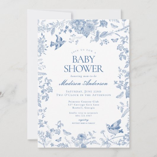 Blue Toile de Jouy Franse Bloemen Baby shower Kaart (Voorkant)