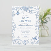 Blue Toile de Jouy Franse Bloemen Baby shower Kaart (Staand voorkant)