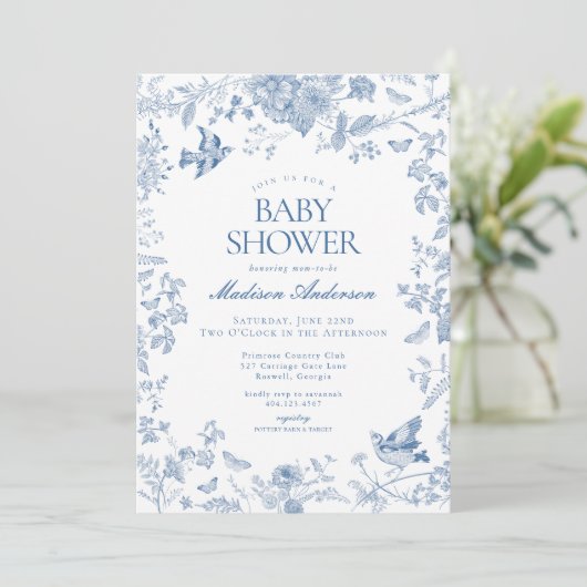 Blue Toile de Jouy Franse Bloemen Baby shower Kaart (Staand voorkant)