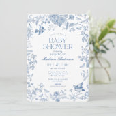 Blue Toile de Jouy Franse Bloemen Baby shower Kaart (Staand voorkant)