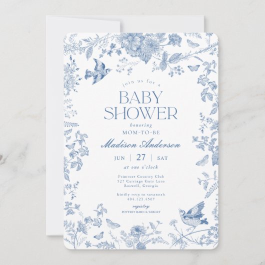 Blue Toile de Jouy Franse Bloemen Baby shower Kaart (Voorkant)