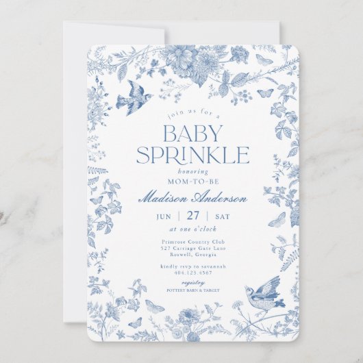 Blue Toile De Jouy Franse Bloemen Baby Sprinkle Kaart (Voorkant)