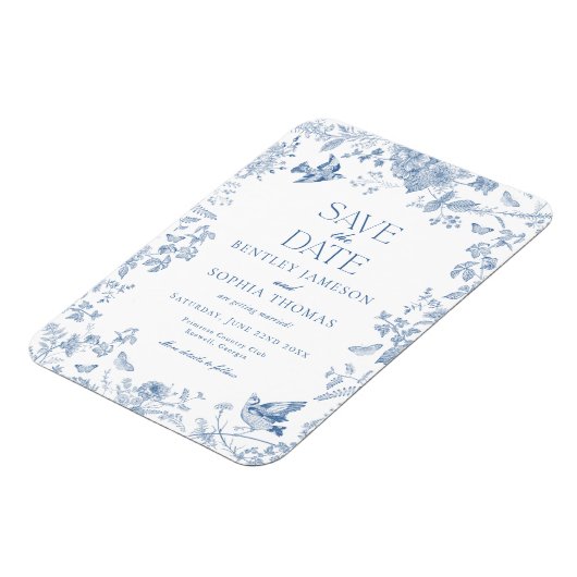 Blue Toile De Jouy Franse Bloemen Bewaar de datum Magneet (Linkerzijde)