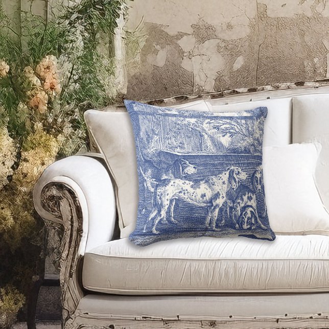 Blue Toile de Jouy Jachthonden op het platteland Kussen (Image approximates the 20 inch pillow size.)