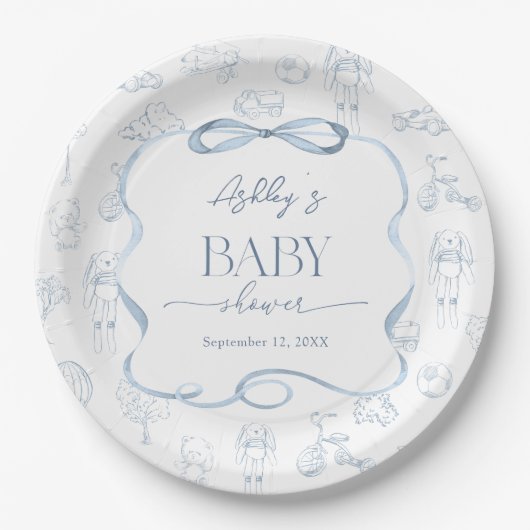 Blue Toile De Jouy Nursery Baby shower Papieren Bordje (Voorkant)