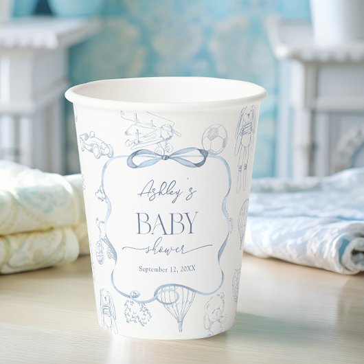 Blue Toile de Jouy Nursery Boy Baby shower Papieren Bekers