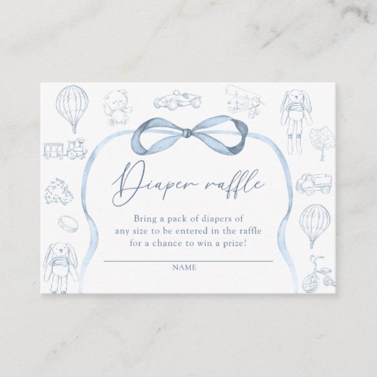 Blue Toile De Jouy Nursery Luier Raffle Ticket Informatiekaartje (Voorkant)