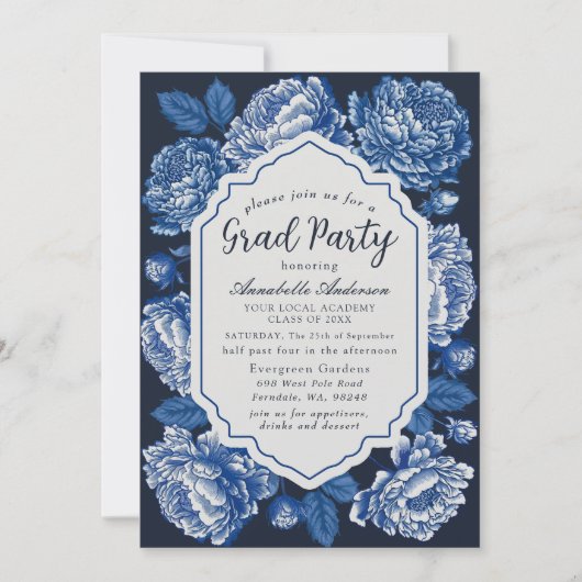 Blue Toile de Jouy Peony Classy Afstudeerfeest Kaart (Voorkant)