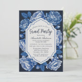 Blue Toile de Jouy Peony Classy Afstudeerfeest Kaart (Staand voorkant)